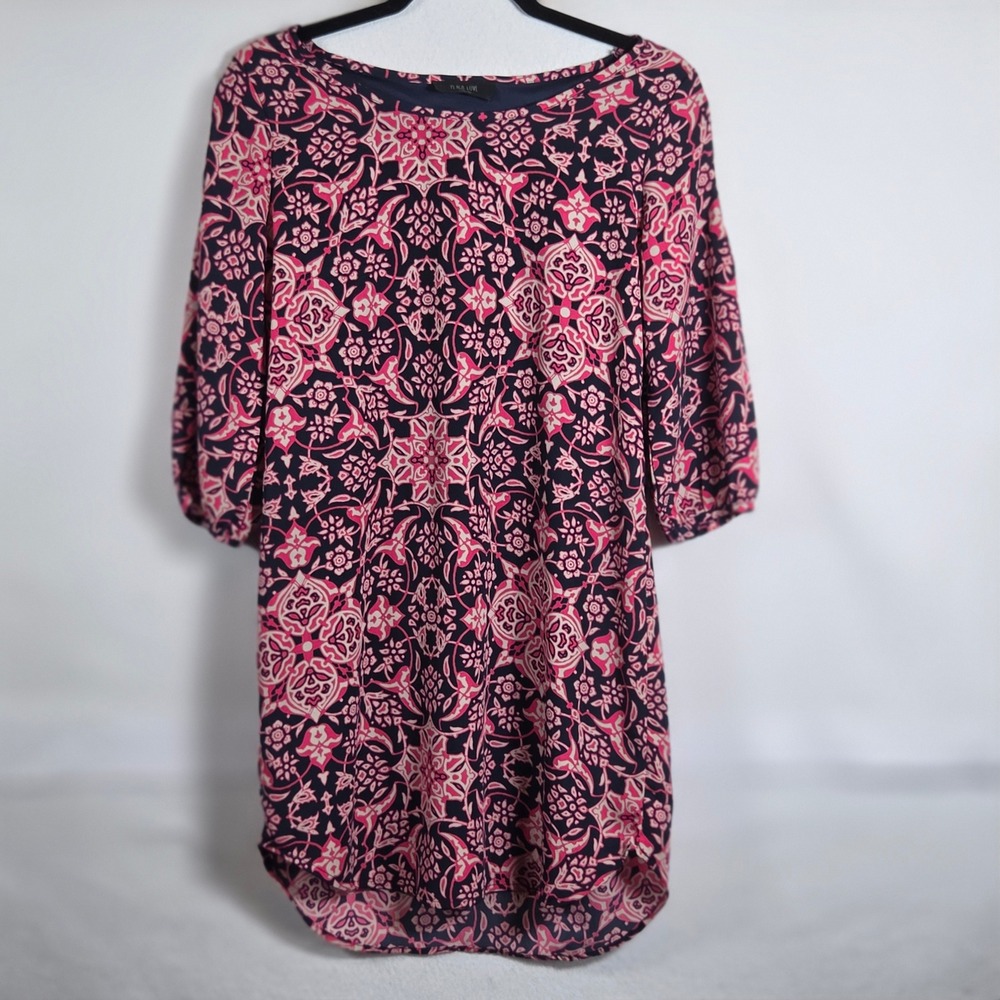 Peach Love California Susana Dress S Navy Pink Floral Cold Shoulder Boho Tunic